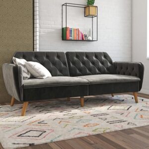 Taluka Memory Foam Velvet Sofa Bed With Wooden Legs In Grey