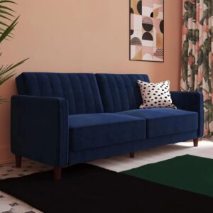 Pina Velvet Sofa Bed With Wooden Legs In Blue